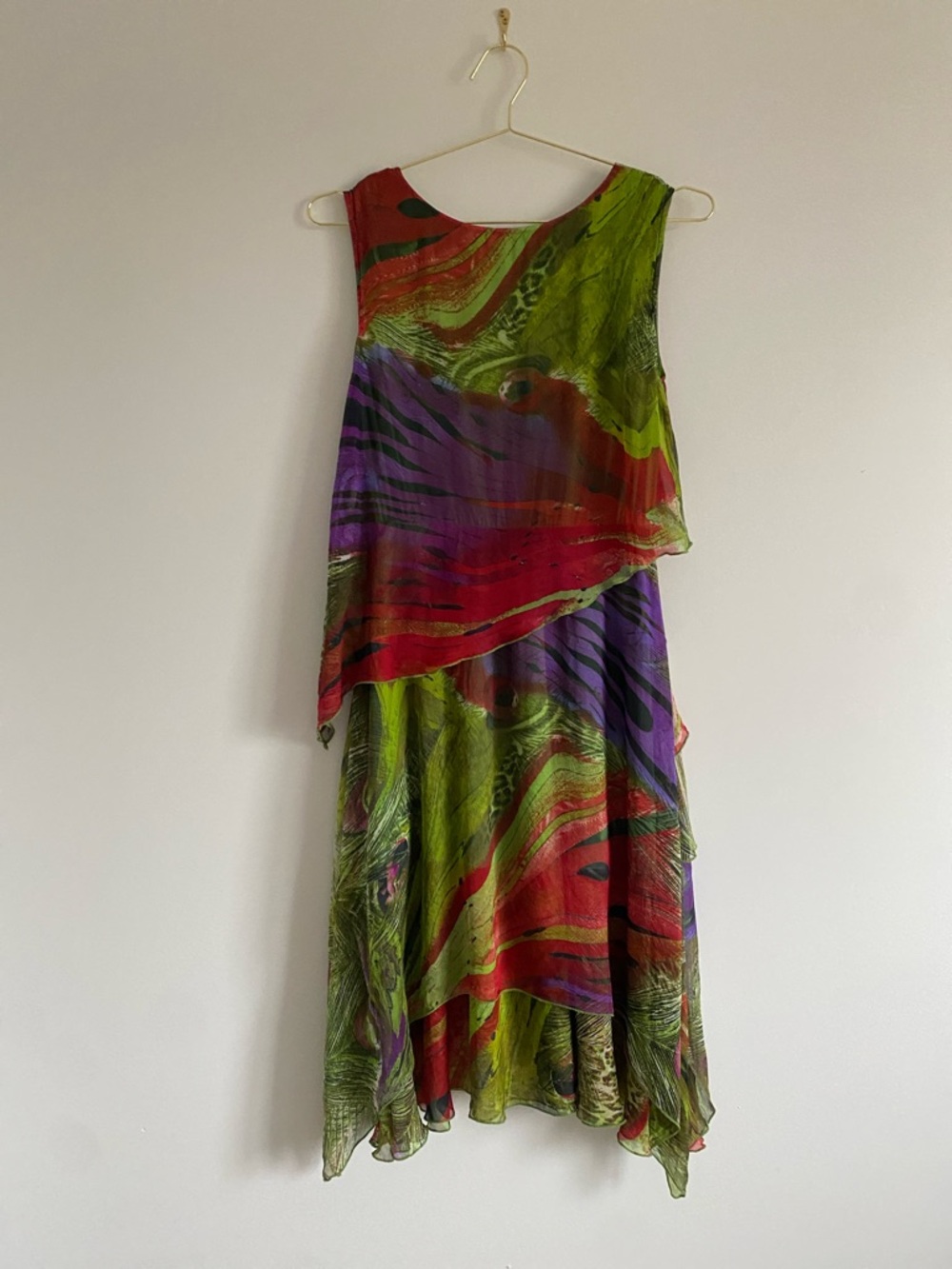 Silk Layered Handkerchief Dress | Abstract Feather Print | Free Size - Picture 6 of 10